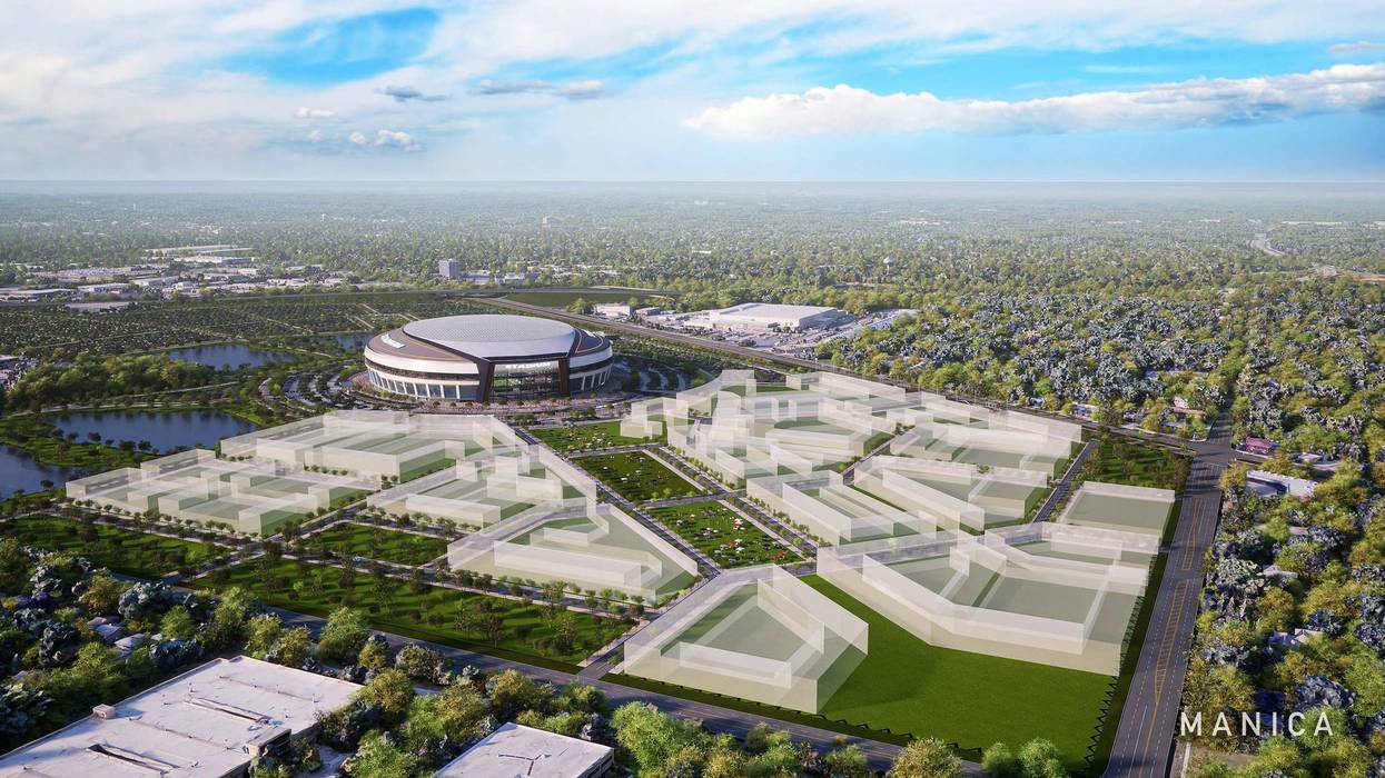 A rendering of a potential football stadium and mixed-use district on the site of the former Arlington Park in Arlington Heights.