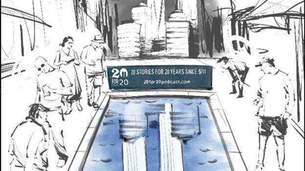 A rendering of the "3D" chalk art Neils Jorgensen and Hani Shihada unveiled in Battery Park City on Saturday to commemorate the 20th Anniversary of the 9/11 terror attacks