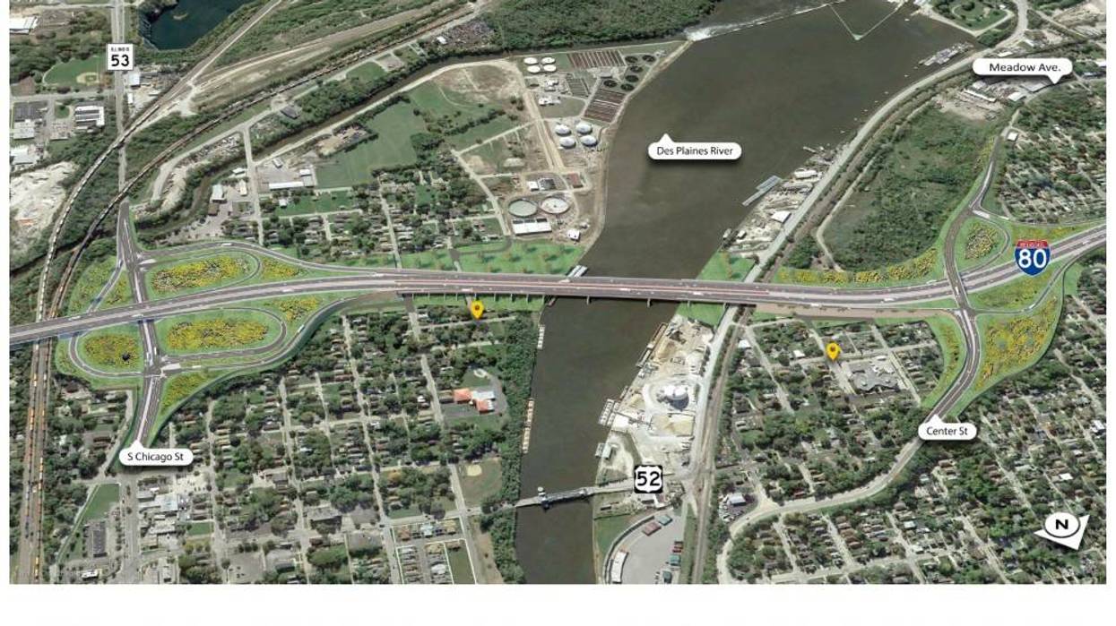 A rendering shows the orientation of the planned new bridges on I-80 over the Des Plaines River in Joliet.