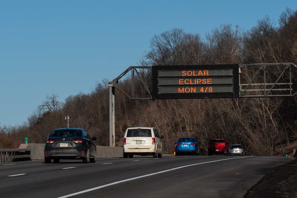 A road sign informs drivers of the upcoming Solar Eclipse on April 7, 2024 in Binghamton, New York
