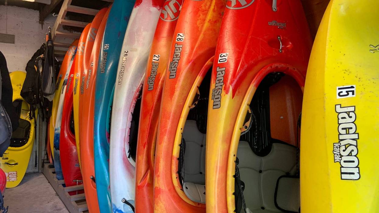 A row of kayaks at the Philadelphia Canoe Club