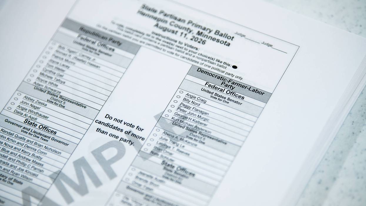 A sample ballot is displayed during a get out the vote event for Democratic Senate candidate, Minnesota Lt. Gov. Peggy Flanagan at the Leech Lake Band of Ojibwe Twin Cities Office on August 8, 2026 in Minneapolis, Minnesota. Flanagan and Rep. Angie Craig (D-MN) will be vying for the Democratic nomination in the state's August 11 primary election.