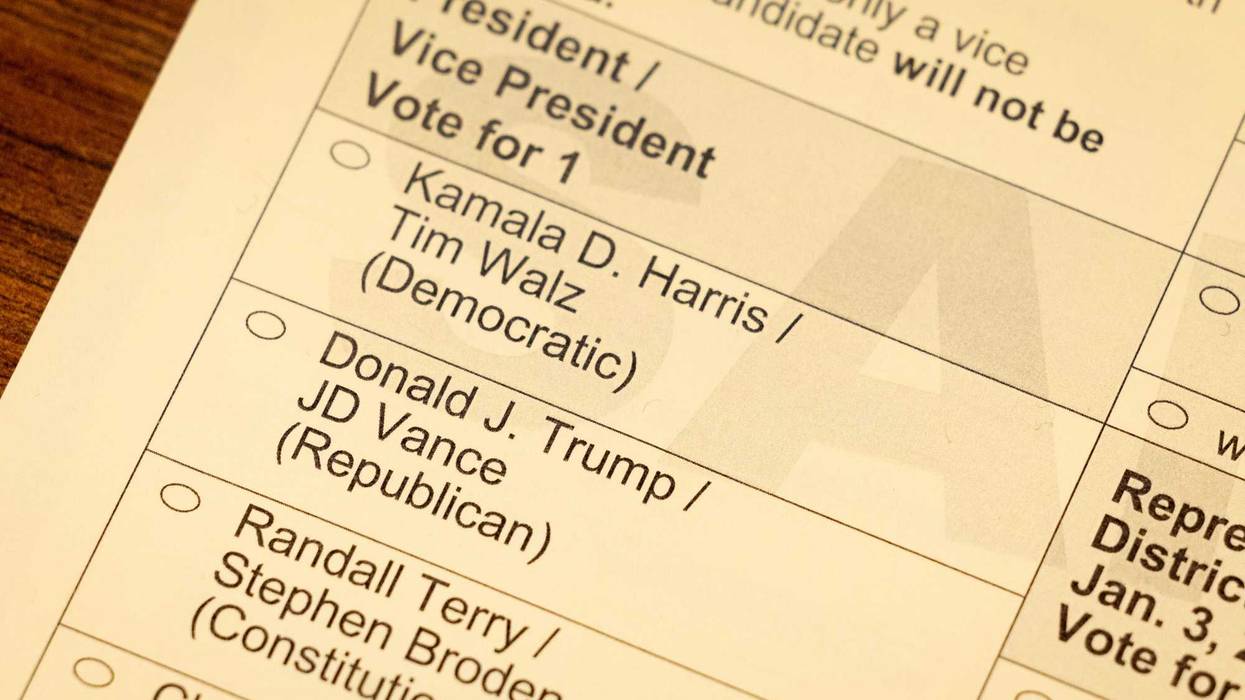 A sample ballot sits on a table during in-person absentee voting on November 01, 2024 in Little Chute, Wisconsin. Election day is Tuesday November 5.