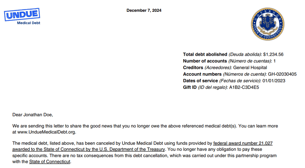 A sample of a letter eligible residents will be receiving from Undue Medical Debt and the state of Connecticut, informing them that they