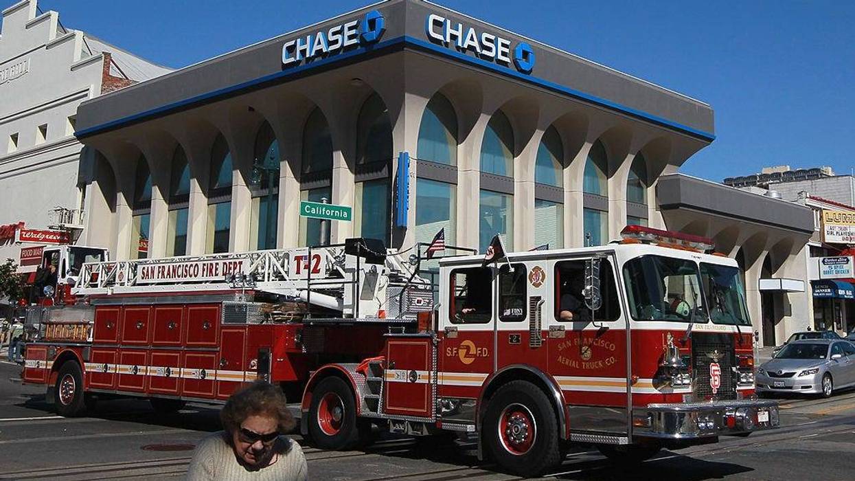 A San Francisco Fire Department fire truck driven by a Chase bank on October 13, 2010 in San Francisco, California.