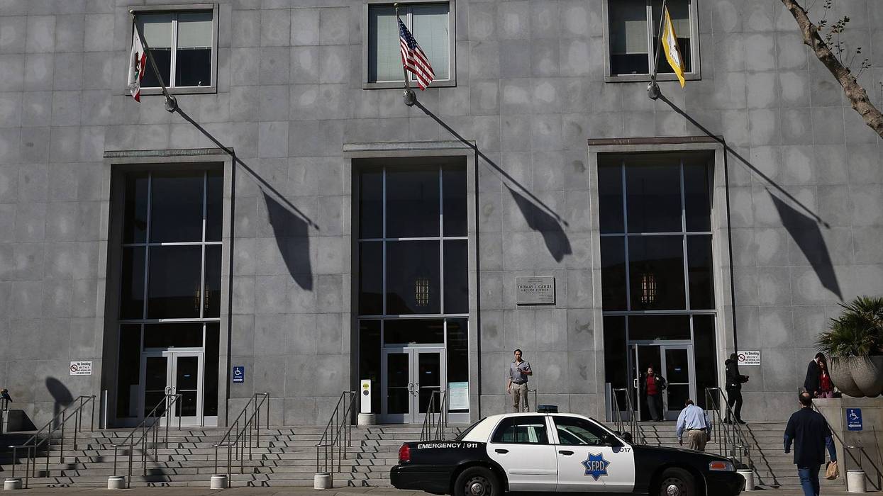 A San Francisco police car sits parked in front of the Hall of Justice on February 27, 2014.