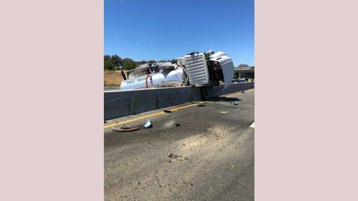 A sanitation truck overturned on Highway 101, spilling sewage onto the roadway on Aug. 14, 2019.