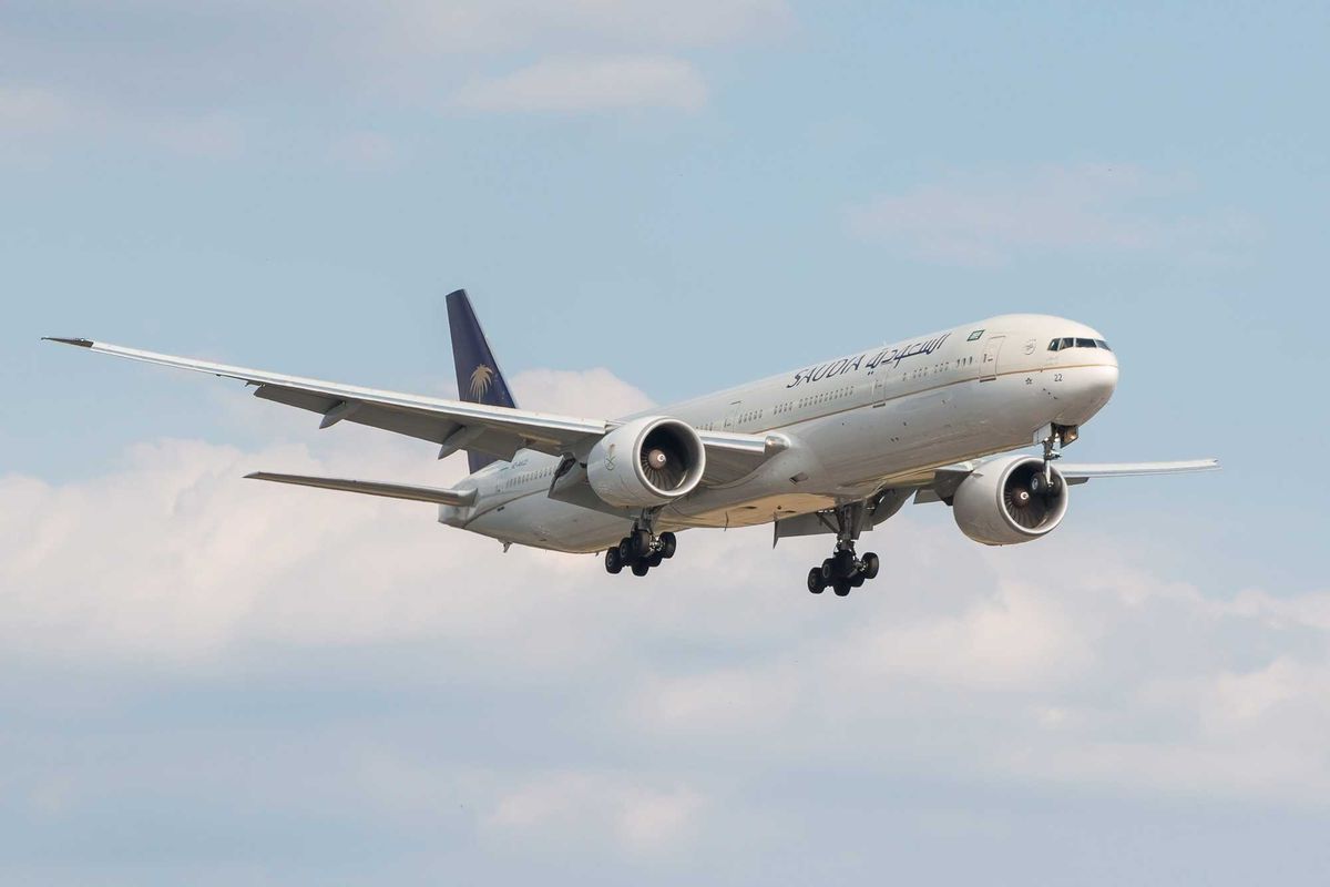 A Saudia Boeing 777-300 jumbo jet plows through a flock of small birds just after take-off from Algiers on Saturday, leaving the aircraft with dents on its nose, blood-like smears across its fuselage, and apparent damage to its wings and engines.