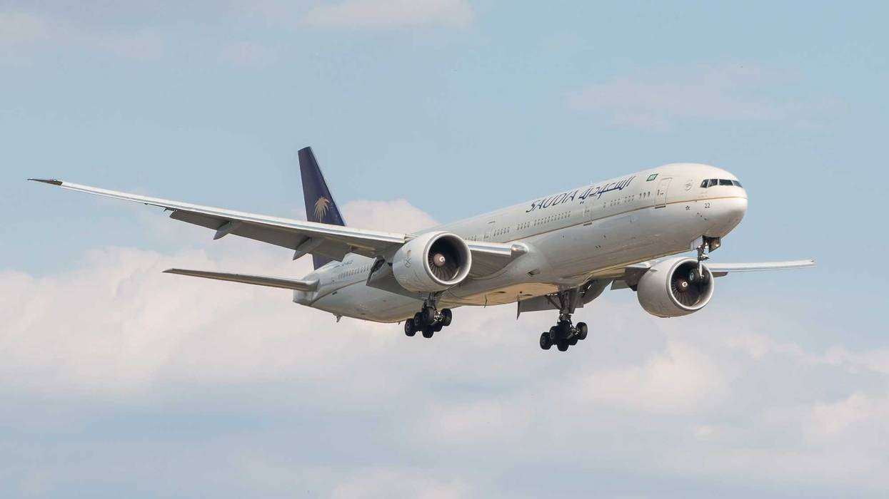 A Saudia Boeing 777-300 jumbo jet plows through a flock of small birds just after take-off from Algiers on Saturday, leaving the aircraft with dents on its nose, blood-like smears across its fuselage, and apparent damage to its wings and engines.