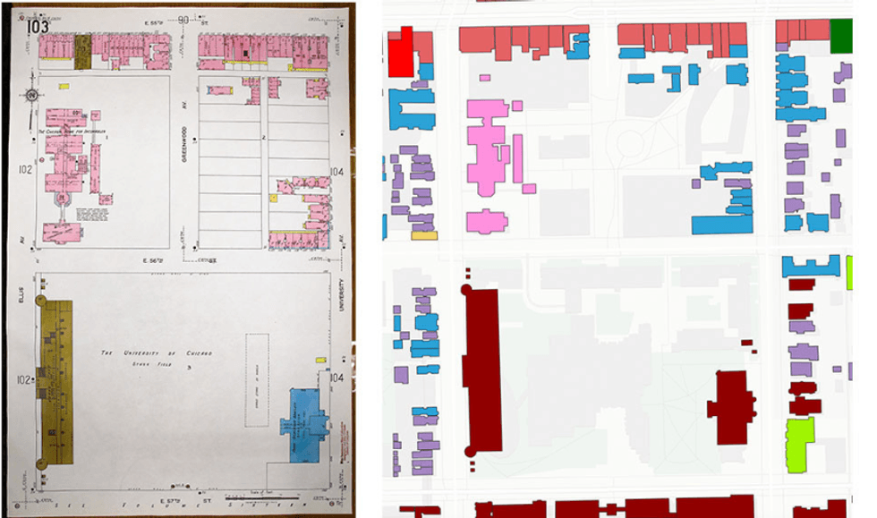 A scan of an original Sanborn map and the same building footprints from the Chicago Urban Heritage Project website, around Stagg Field, after being processed by Otto in 2024.
