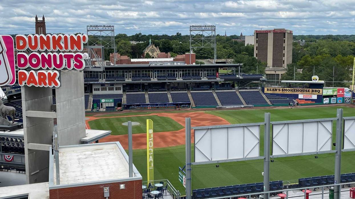 A scenic view of Hartford's Dunkin' Donuts Park, from the rooftop deck of The Pennant, a new apartment building.