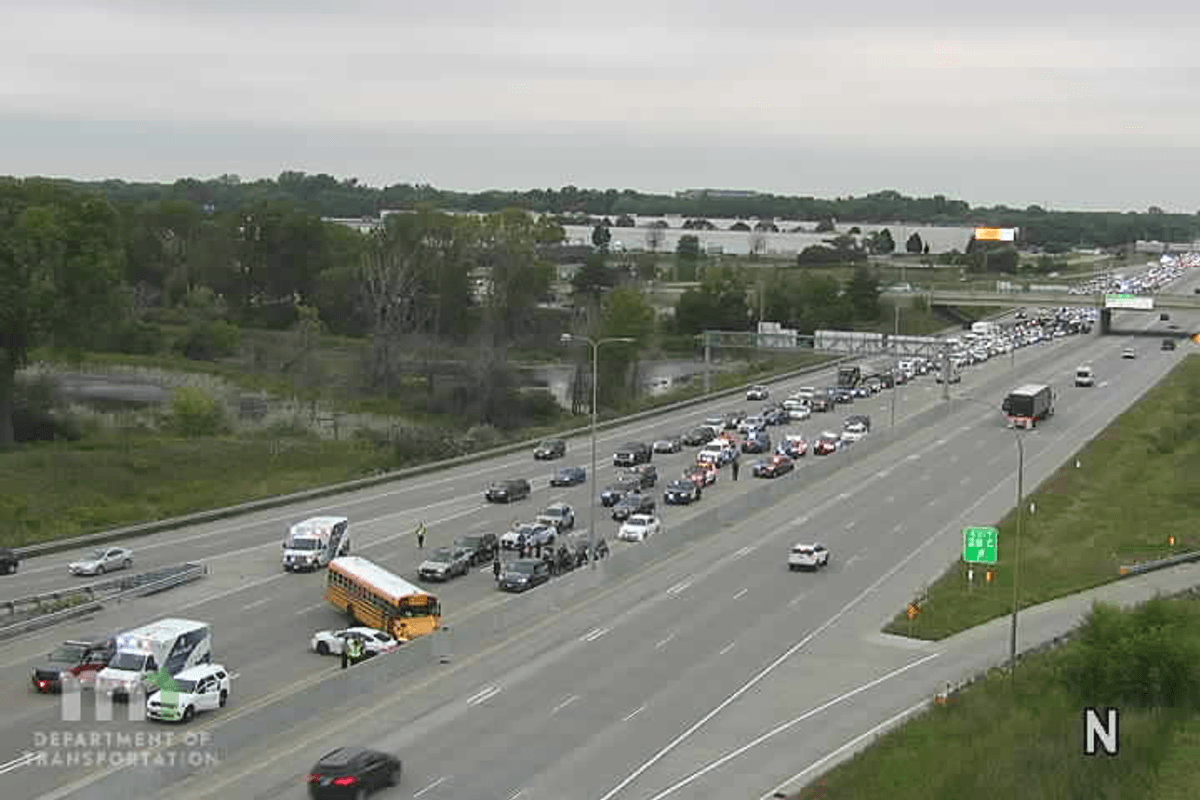 A school bus involved in a crash on 35W in Mounds View Tuesday has traffic very backed up and ambulances on the scene.