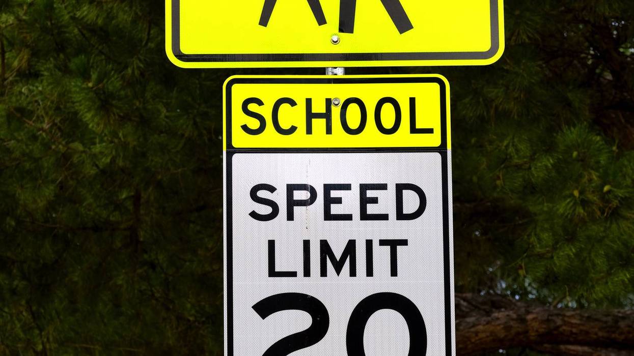 A school crossing zone sign.