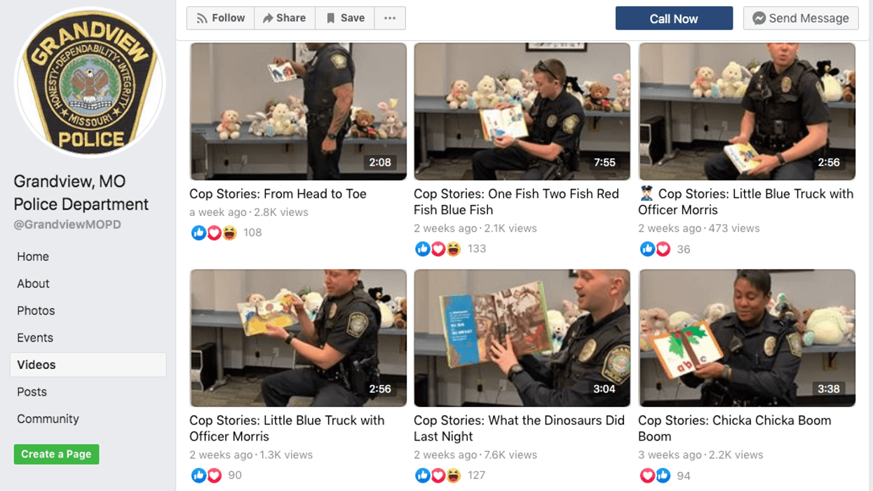 A screenshot of listed videos on the Grandview MO police department facebook page