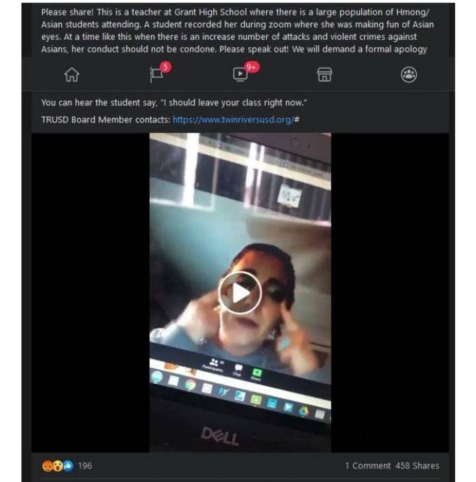 A screenshot of the alleged offensive gesture by a Sacramento area high school teacher, which was shared on social media but later taken down.