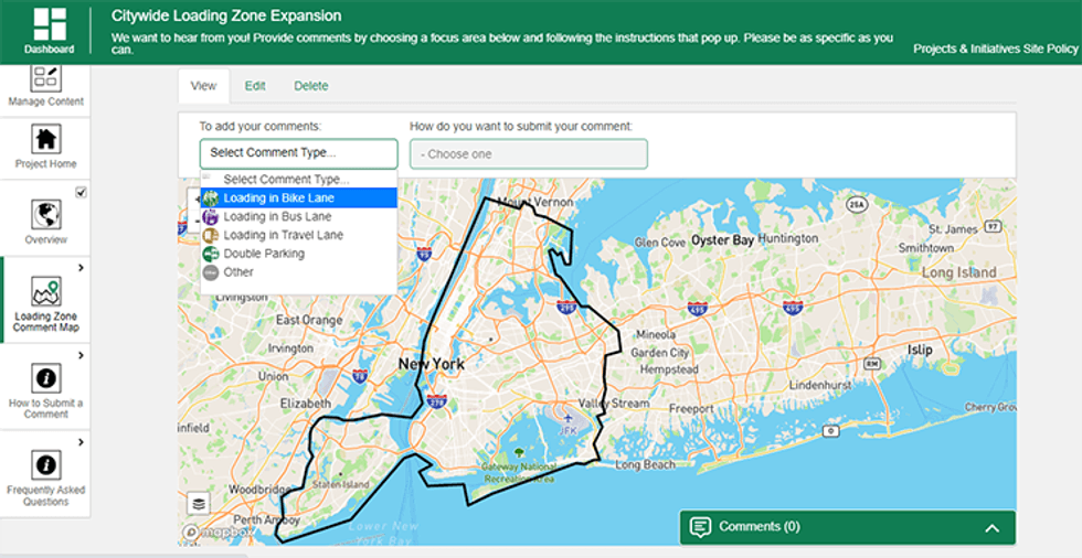 A screenshot of the NYC DOT nyc.gov/Loading web platform.