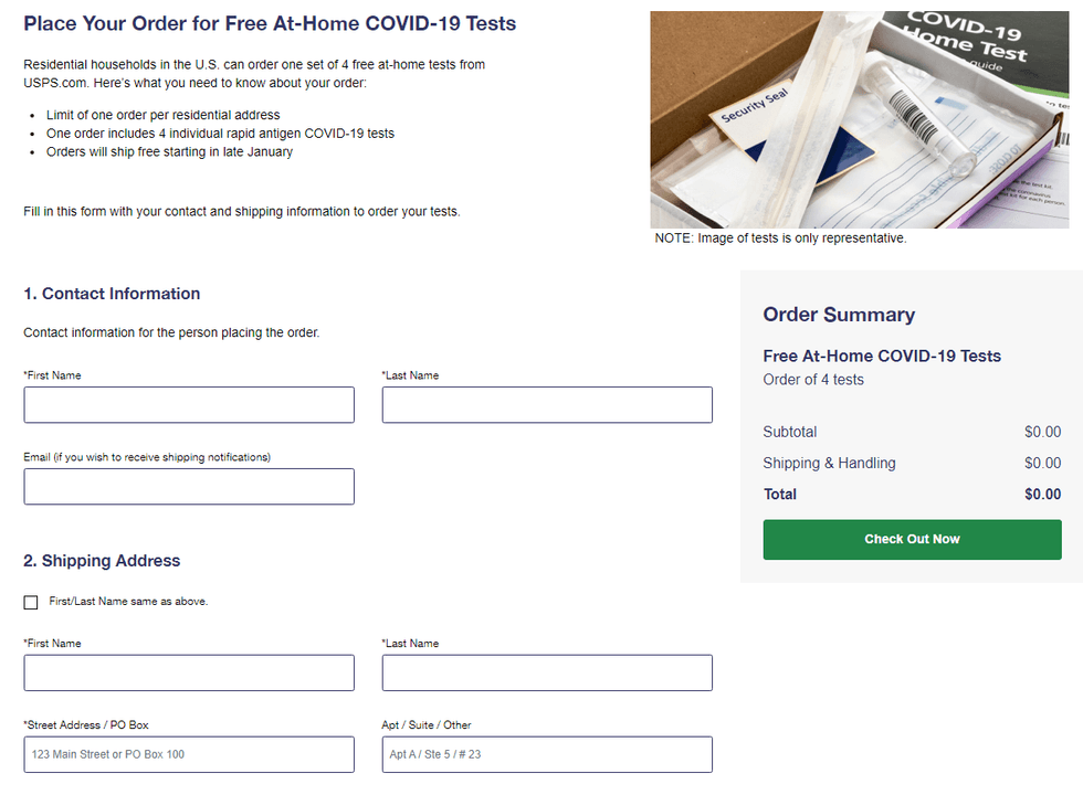 A screenshot of the USPS free COVID-19 test shipping website.