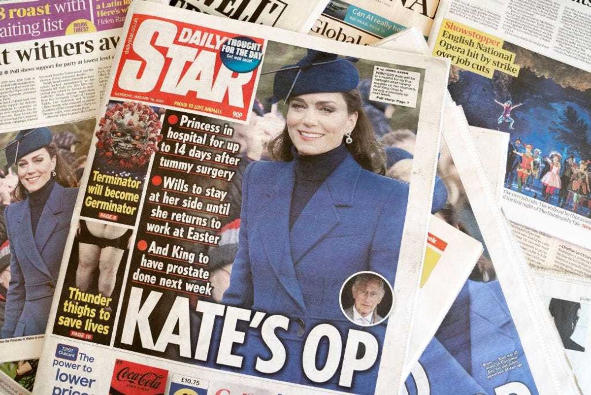 A selection of front pages from UK daily national newspaper coverage of Catherine, The Princess of Wales, being admitted to hospital on January 17, 2024 for abdominal surgery.