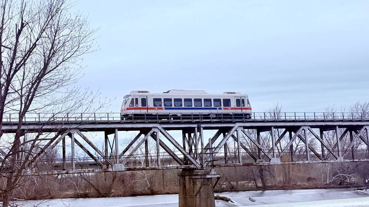 A SEPTA M Line (formerly Norristown High Speed Line) train crosses the Bridgeport Viaduct.