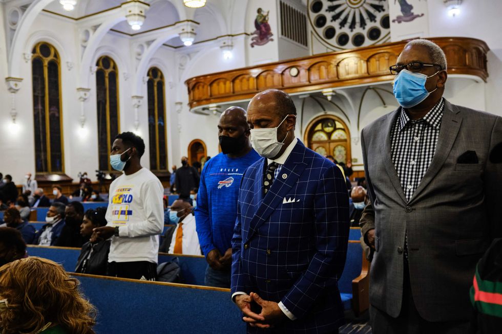 A service is held with the families and the community of Andre McNeil, Geraldine Talley and Ruth Whitfield at Antioch Baptist Church on May 19, 2022 in Buffalo, New York. McNeil, Talley and Whitfield were killed when a gunman opened fire at a Tops grocery store on Saturday, May 14th in Buffalo. The relatives of McNeil and Talley will announce funeral plans, while the family of Whitfield will speak in support. The gunman opened fire at the grocery store on the east side of Buffalo after posting white supremacist views online.