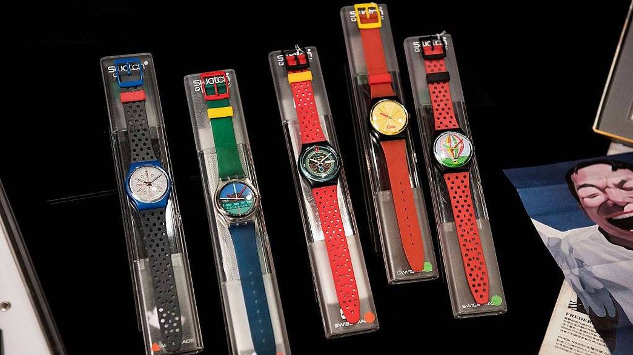 A set of prototype Swatch watches are displayed during the Sotheby's preview on March 10, 2015 in Hong Kong.
