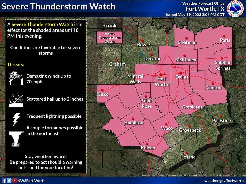 A Severe Thunderstorm Watch is in effect for most of North Texas until 8 p.m. Friday