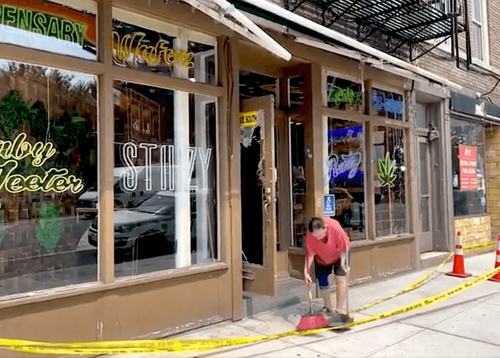 A shattered glass door was seen at a business but is apparently from an overnight break-in and not the slashings