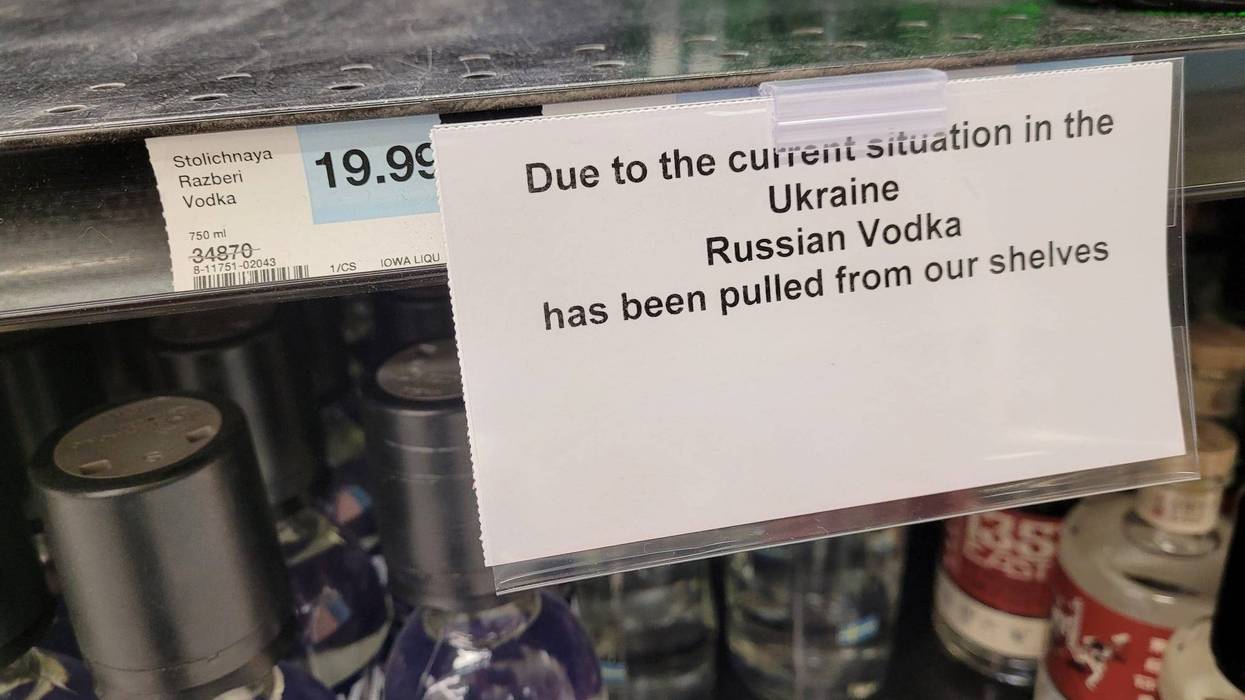 A shelf tag at the Windsor Heights Hy-Vee, where Russian vodka had been removed from the liquor department.