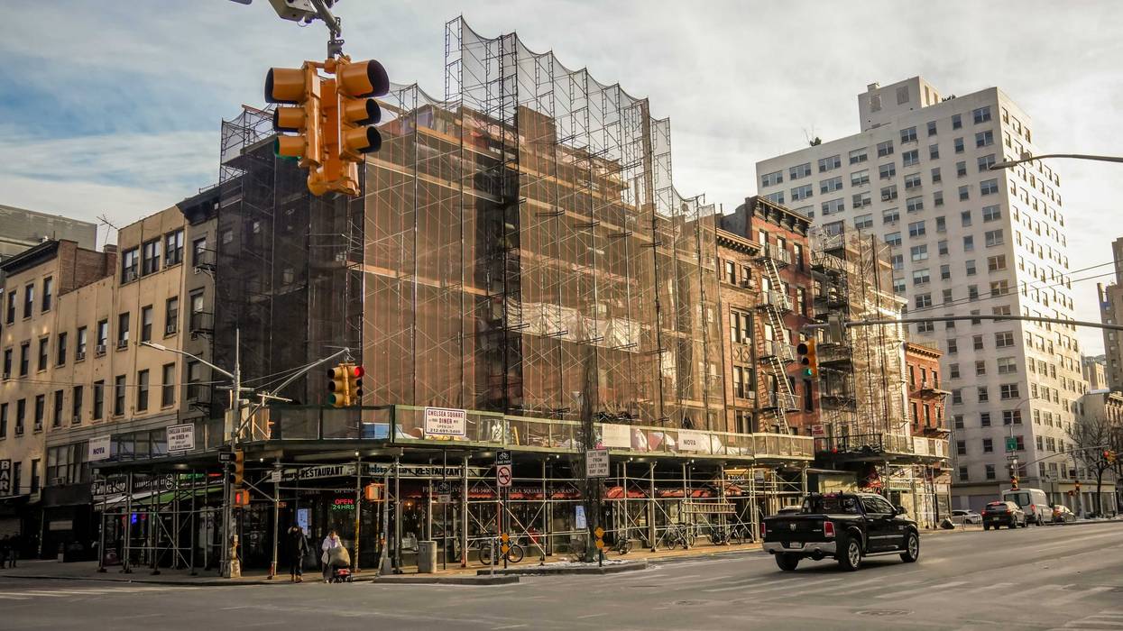 A sidewalk shed and scaffolding in Chelsea in January 2025