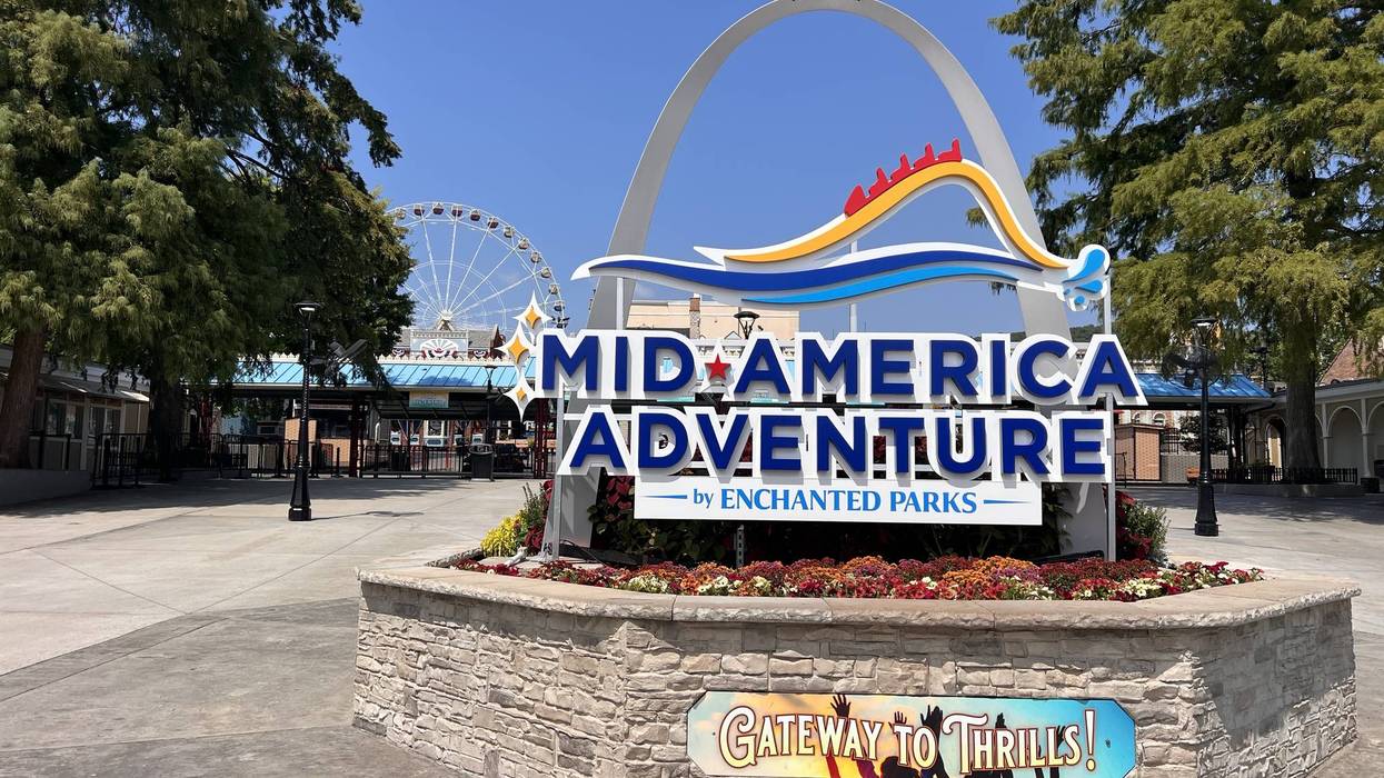 A sign at the park's main entrance was changed from 'Six Flags' to "Mid American Adventure' today.