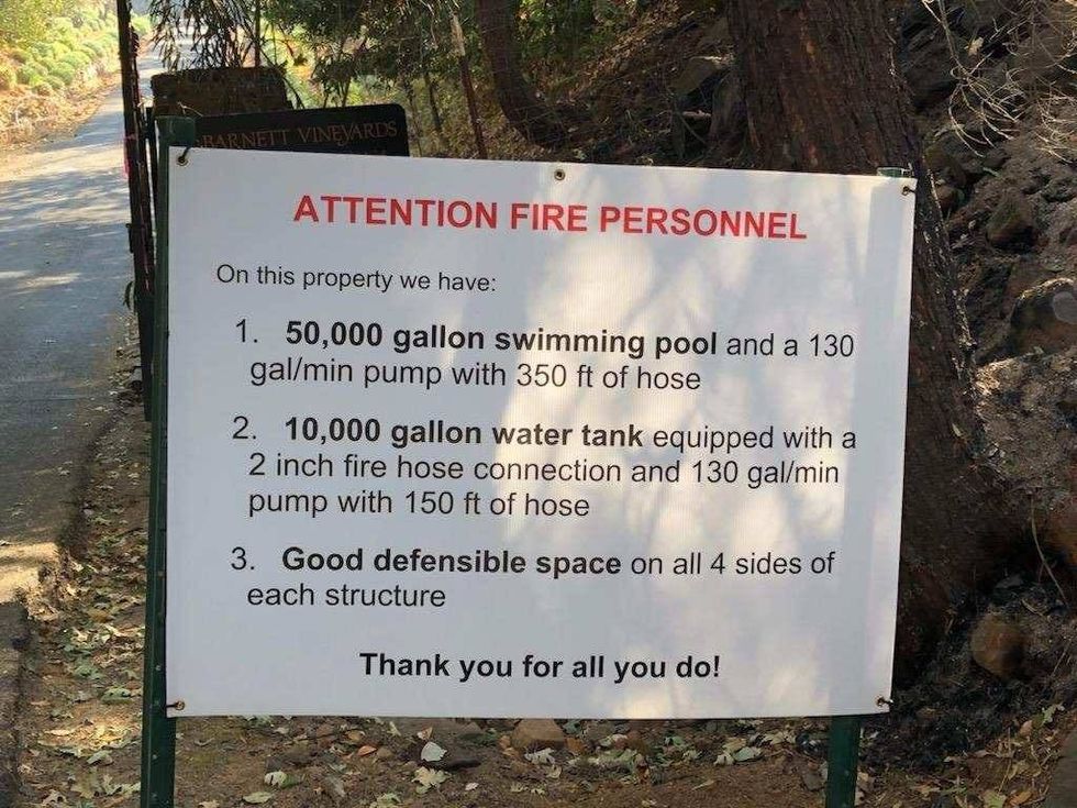 A sign detailing fire prevention measures at Barnett Vineyards, posted one month before the Glass Fire struck
