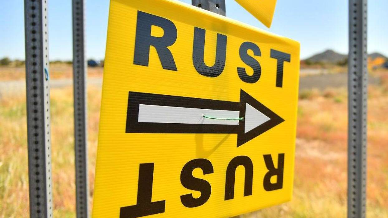 A sign directs people to the road that leads to the Bonanza Creek Ranch where the movie "Rust" is being filmed on October 22, 2021 in Santa Fe, New Mexico.