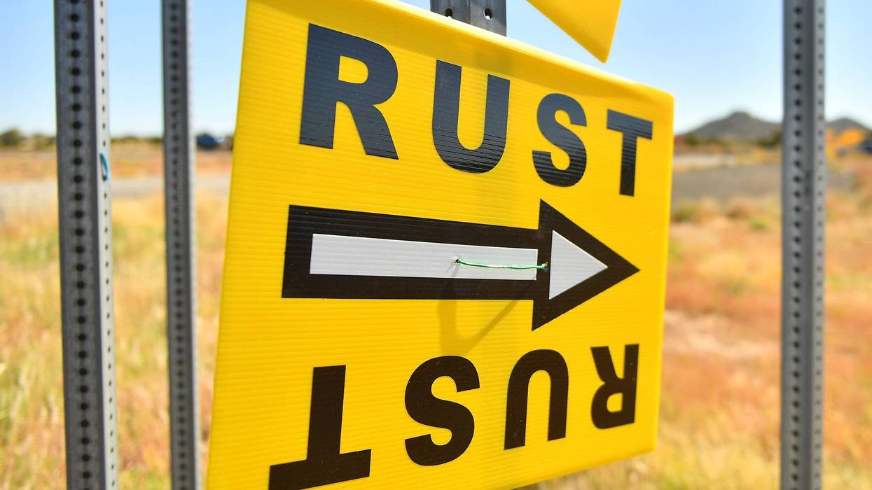 A sign directs people to the road that leads to the Bonanza Creek Ranch where the movie "Rust" is being filmed on October 22, 2021 in Santa Fe, New Mexico.