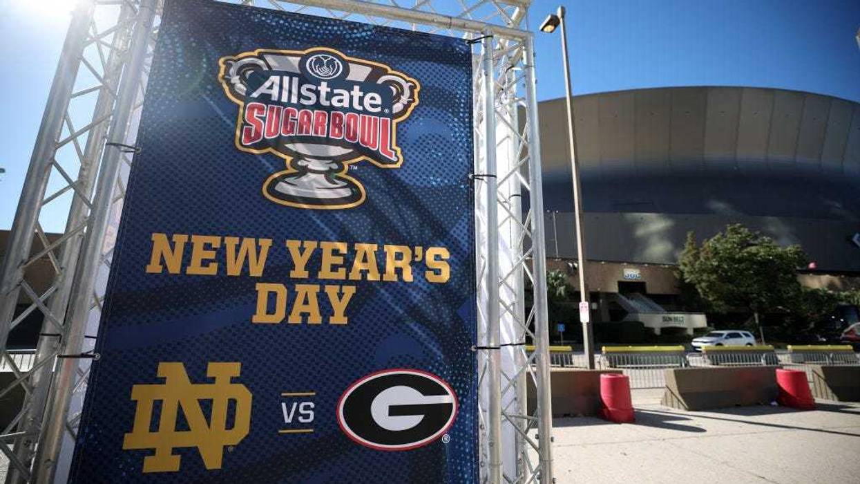 A sign for the Allstate Sugar Bowl between Georgia and Notre Dame is seen outside the Louisiana Superdome after at least ten people were killed on Bourbon Street when a person allegedly drove into a crowd in the early morning hours of New Year's Day on January 1, 2025 in New Orleans, Louisiana.