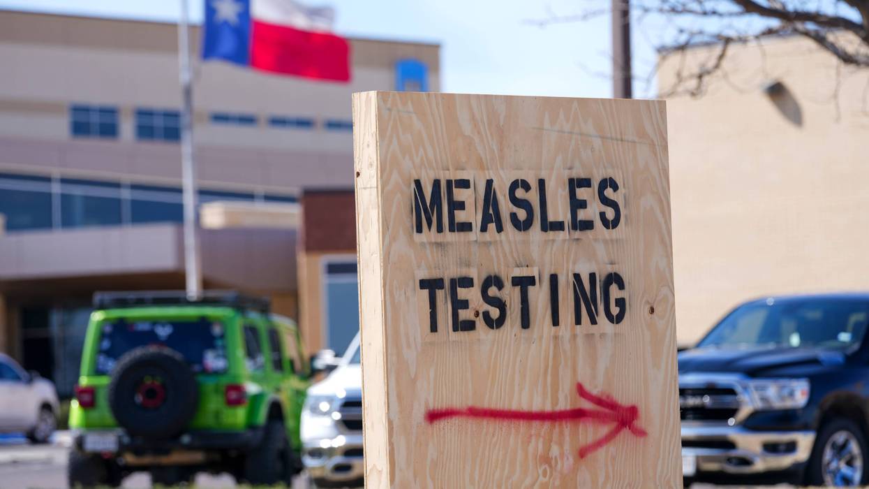 A sign is displayed outside the Seminole Hospital District offering measles testing, Feb. 21, 2025, in Seminole, Texas.
