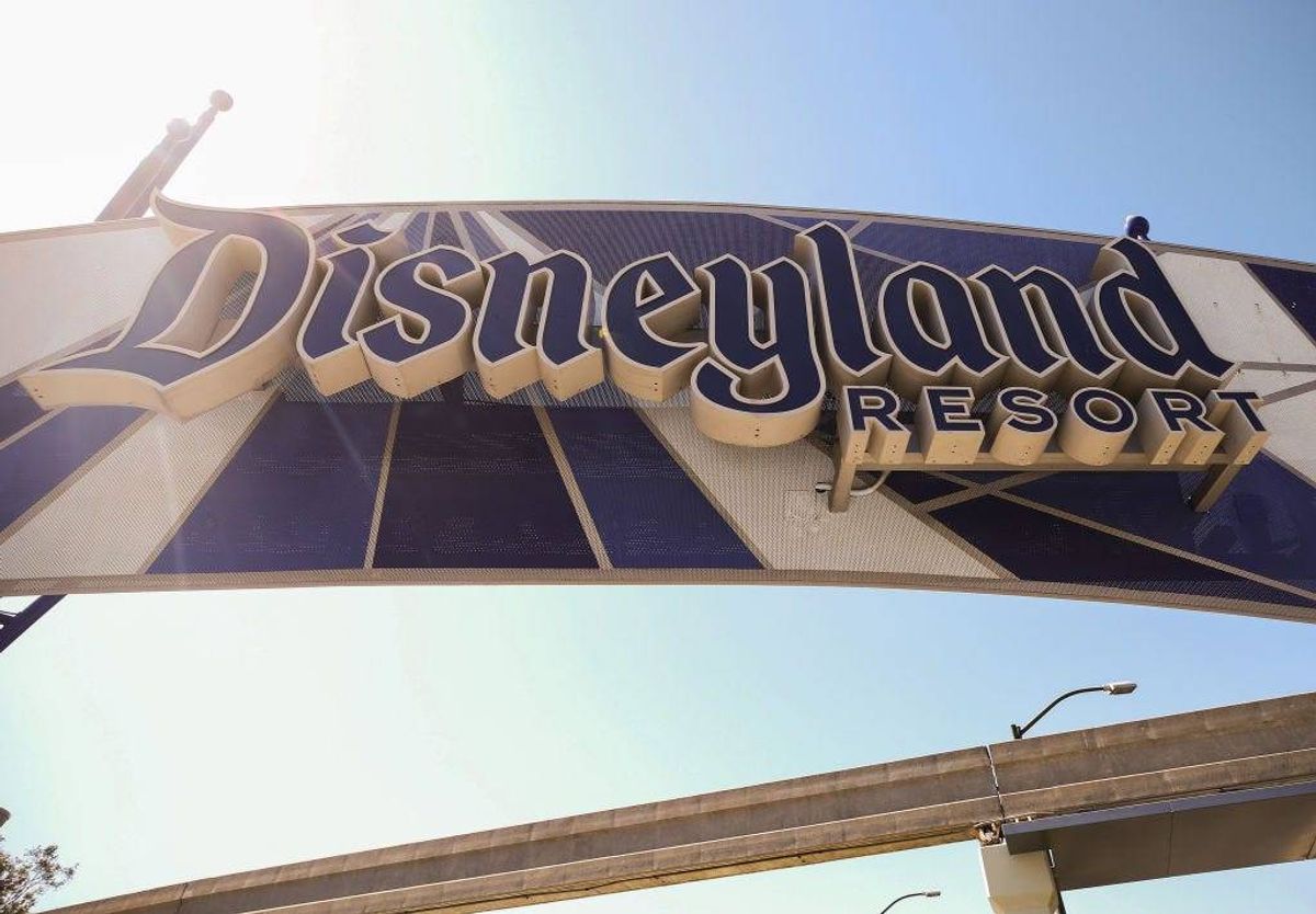 A sign is posted at an entrance to Disneyland on September 30, 2020 in Anaheim, California.