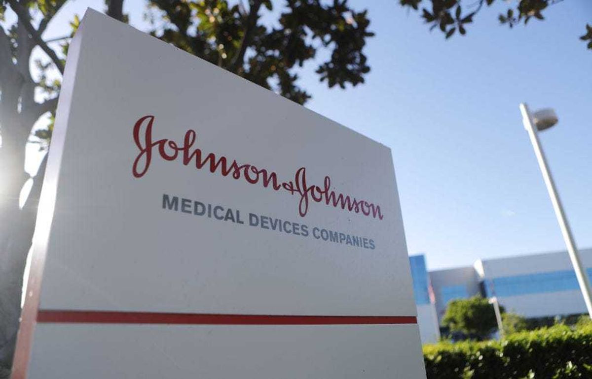 A sign is posted at the Johnson & Johnson campus on August 26, 2019 in Irvine, California. A judge has ordered the company to pay for its connection with the opioid crisis in Oklahoma. (Photo by Mario Tama/Getty Images)
