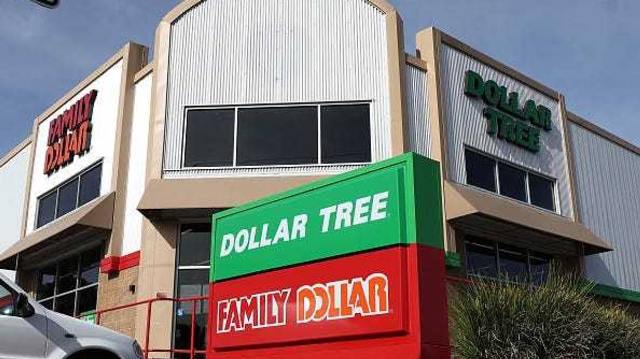 A sign is posted in front of a Dollar Tree and Family Dollar store on March 13, 2024 in Rio Vista, California.