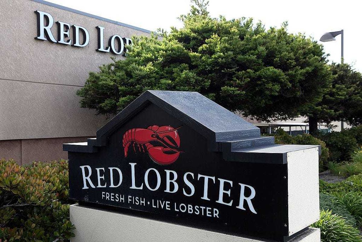 A sign is posted in front of a Red Lobster restaurant on May 16, 2014 in San Bruno, California.