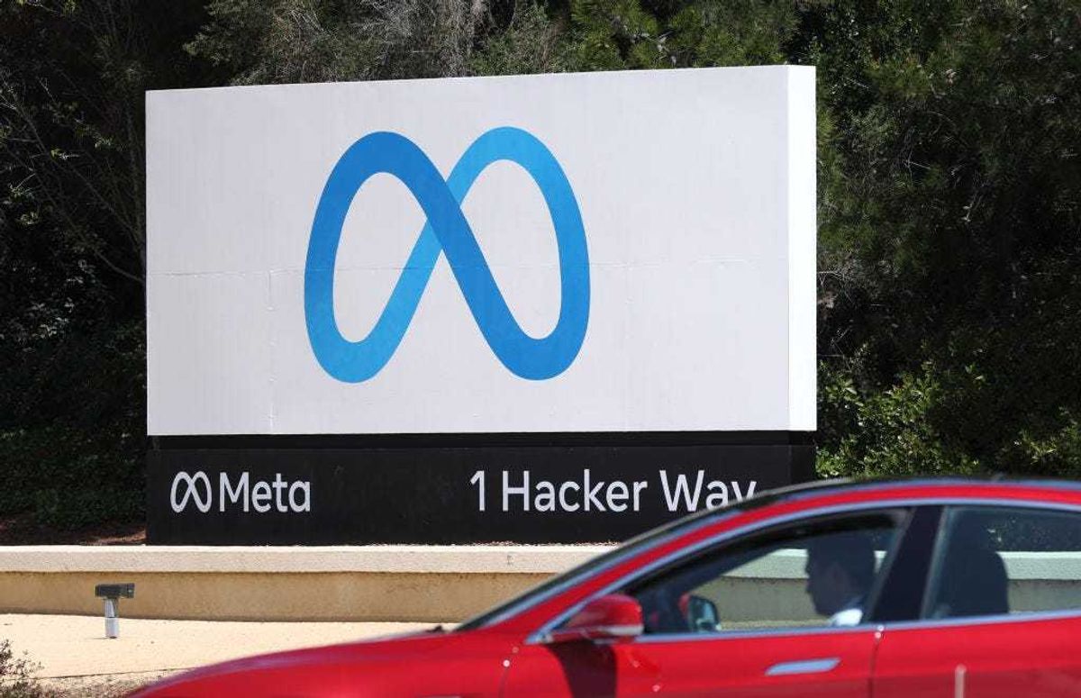 A sign is posted in front of Meta headquarters on April 28, 2022 in Menlo Park, California. Facebook parent company Meta reported better-than-expected first quarter earnings per share of $2.72 compared to analyst expectations of $2.56. Revenue for the quarter fell short at $27.91 billion compared to the expected $28.24 billion. (Photo by Justin Sullivan/Getty Images)