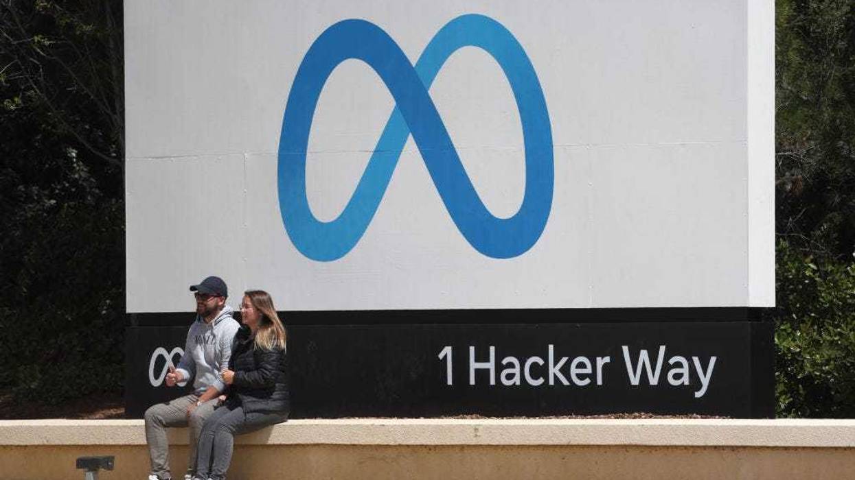 A sign is posted in front of Meta headquarters on April 28, 2022 in Menlo Park, California.