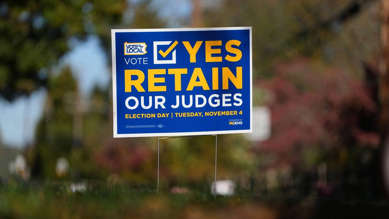 A sign is posted in support of retaining Pennsylvania Supreme Court justices in the November election, in Berwyn, Pa., Wednesday, Oct. 22, 2025.