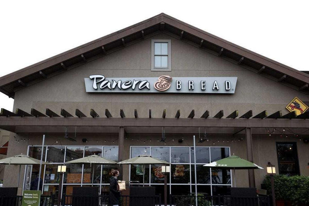 A sign is posted on the exterior of a Panera Bread restaurant on November 09, 2021 in San Rafael, California.