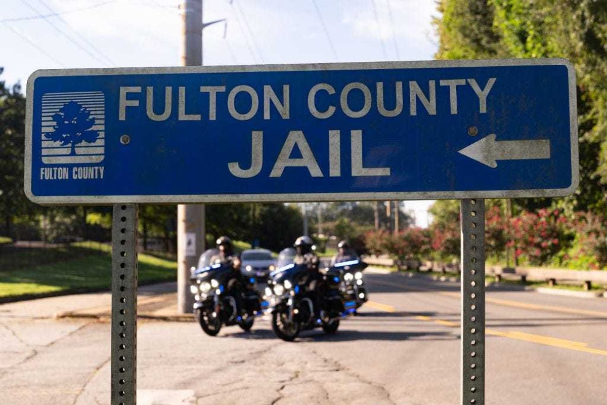 A sign is posted outside of the Fulton County Jail on August 16, 2023 in Atlanta, Georgia.