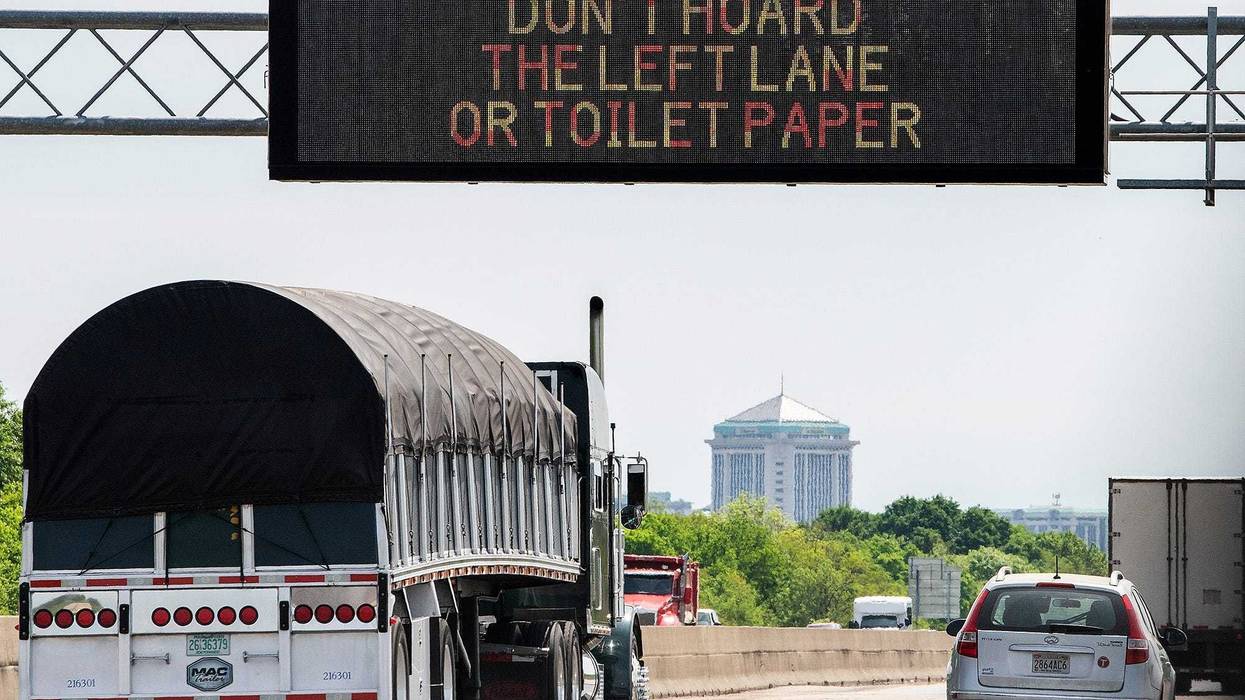 A sign on I-65 near Montgomery, Ala., reads Don't Hoard The Left Lane or Toilet Paper on Monday March 30, 2020.