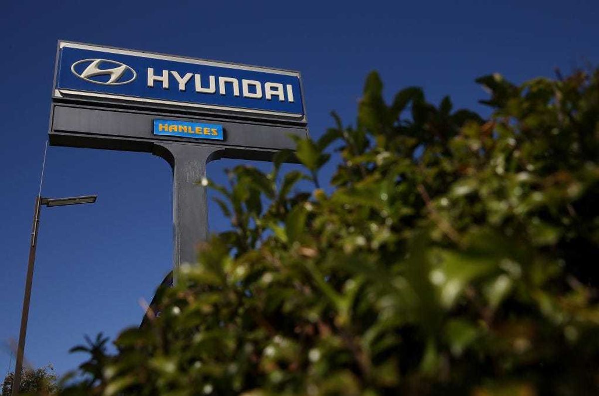 A sign stands in front of Hanlees Hyundai on May 27, 2014 in Richmond, California. According to a report by the Union of Concerned Scientists, Hyandai-Kia is the greenest automobile manfacturer, taking the top spot from Honda who has held the number one position since 1998 when the the scientists first started doing the rankings.