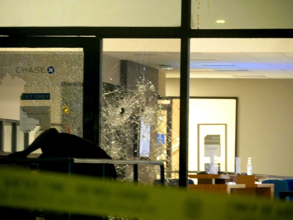 A smashed window at the Chase Bank in Beverly Grove, Los Angeles.