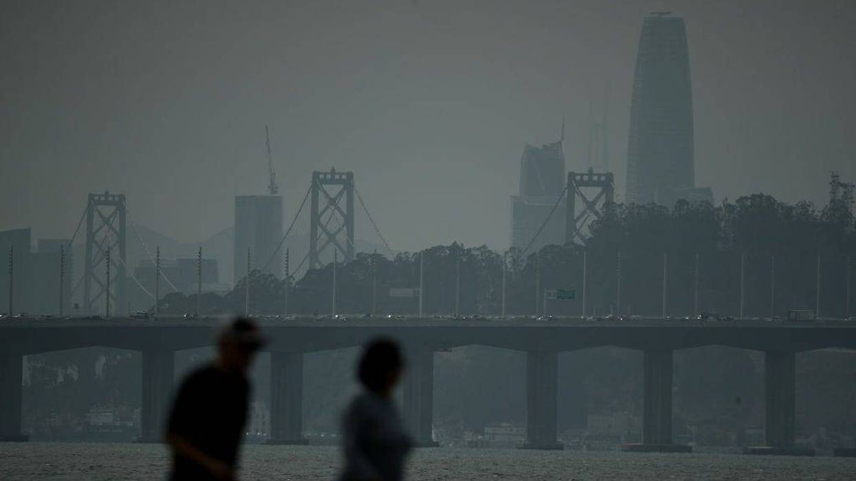 A smoky haze obstructs the view of the San Francisco skyline on August 24, 2018 in San Francisco, California.