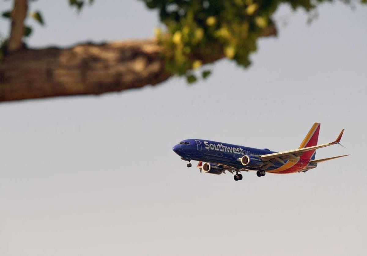 A Southwest Airlines jet is shown behind a tree branch at Sunset Park as it comes in for a landing at McCarran International Airport on May 25, 2020 in Las Vegas, Nevada.