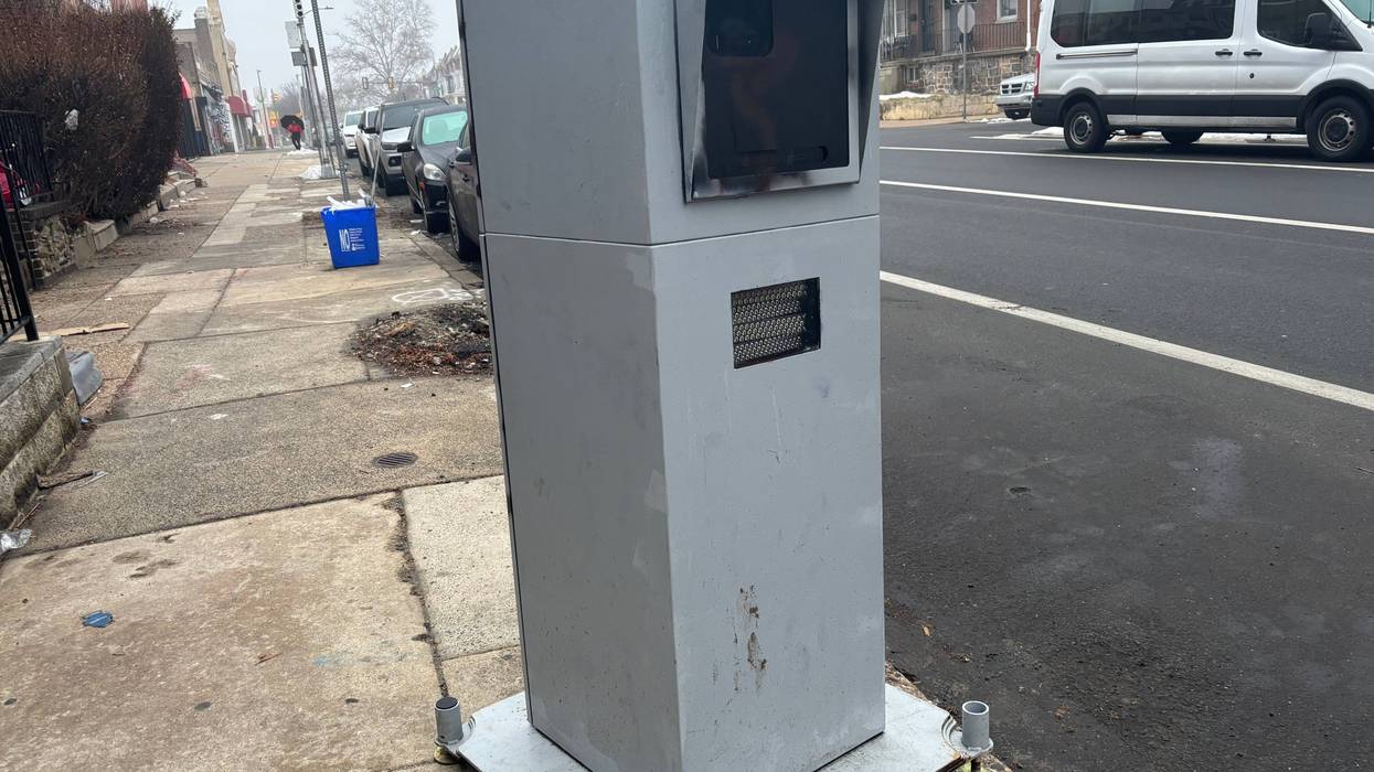 A speed camera is installed at a school zone at 58th and Walnut streets in West Philadelphia, outside Sayre High School, Feb. 17, 2026.
